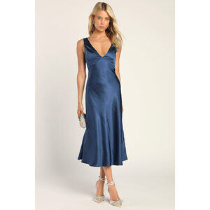 Lulus Incredible Love Navy Satin Cowl Back Midi Slip Dress Blue - Size L